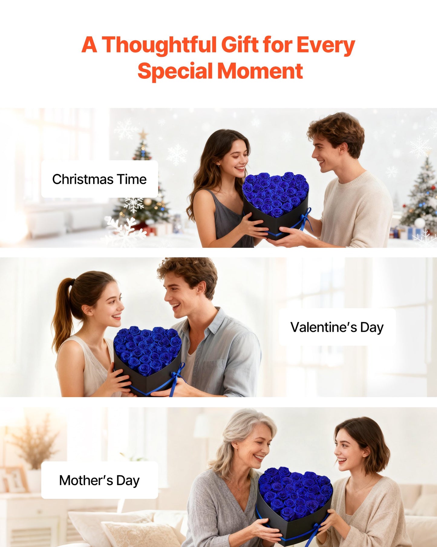 Forever Flowers, 27 Preserved Roses In A Heart Shape Box, Eternal Flowers Immortal Royal Blue Bouquet