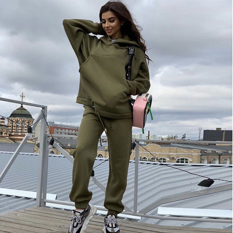 Two Piece Fall Winter Hooded And Fleece Sweater Pants Casual Ladies Sports Suit