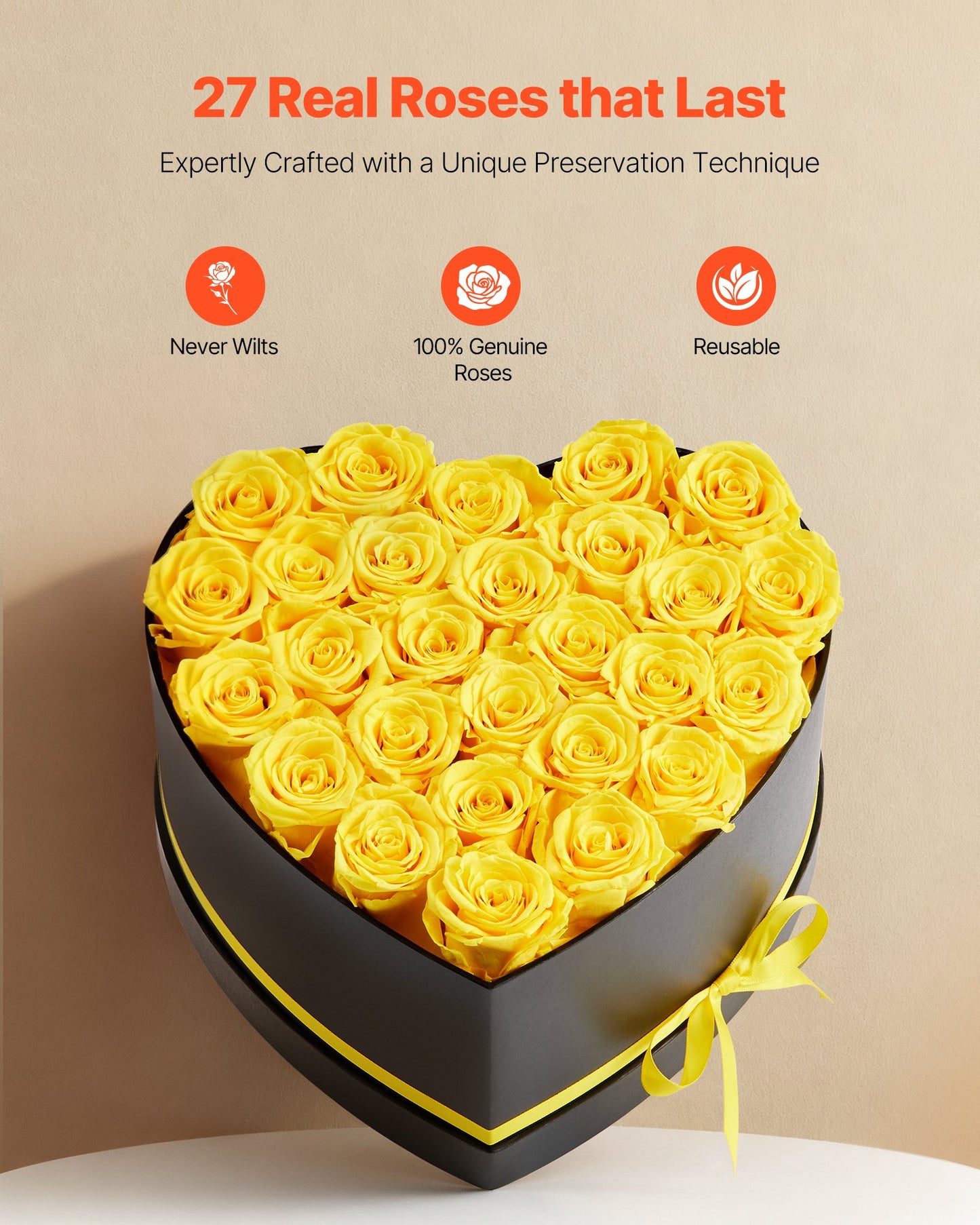 Forever Flowers, 27 Preserved Roses In A Heart Shape Box, Eternal Flowers Immortal Yellow Bouquet