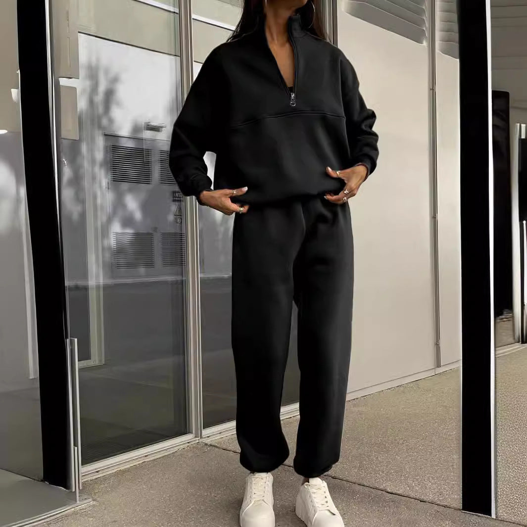 Long-sleeved Sports Sweatshirt with Stand-up Collar Zip-up Top And Elastic Band Trousers