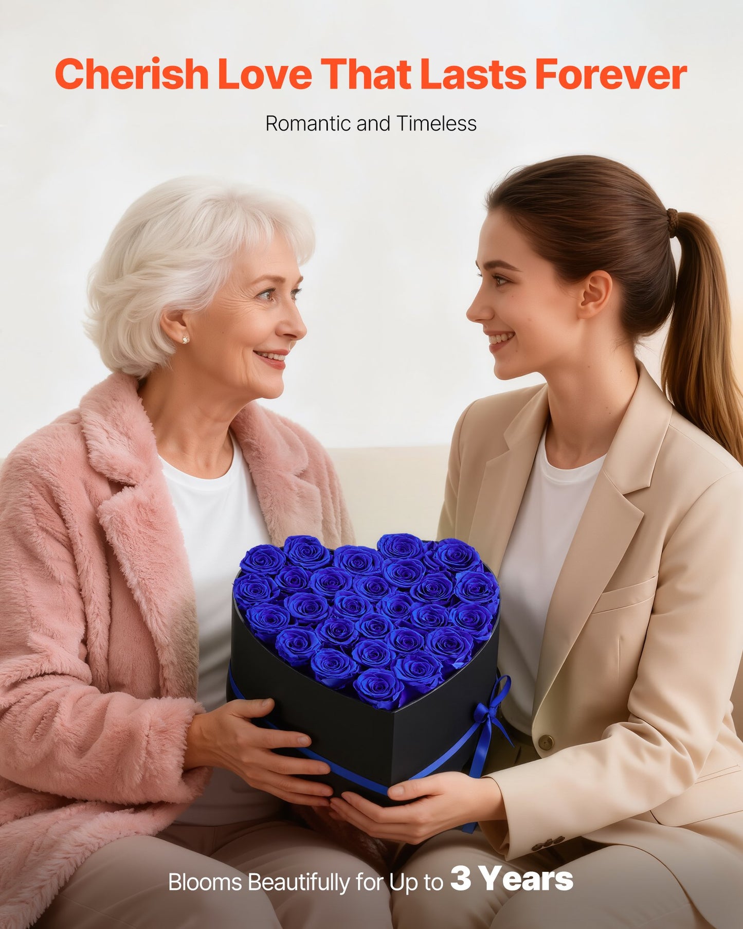 Forever Flowers, 27 Preserved Roses In A Heart Shape Box, Eternal Flowers Immortal Royal Blue Bouquet