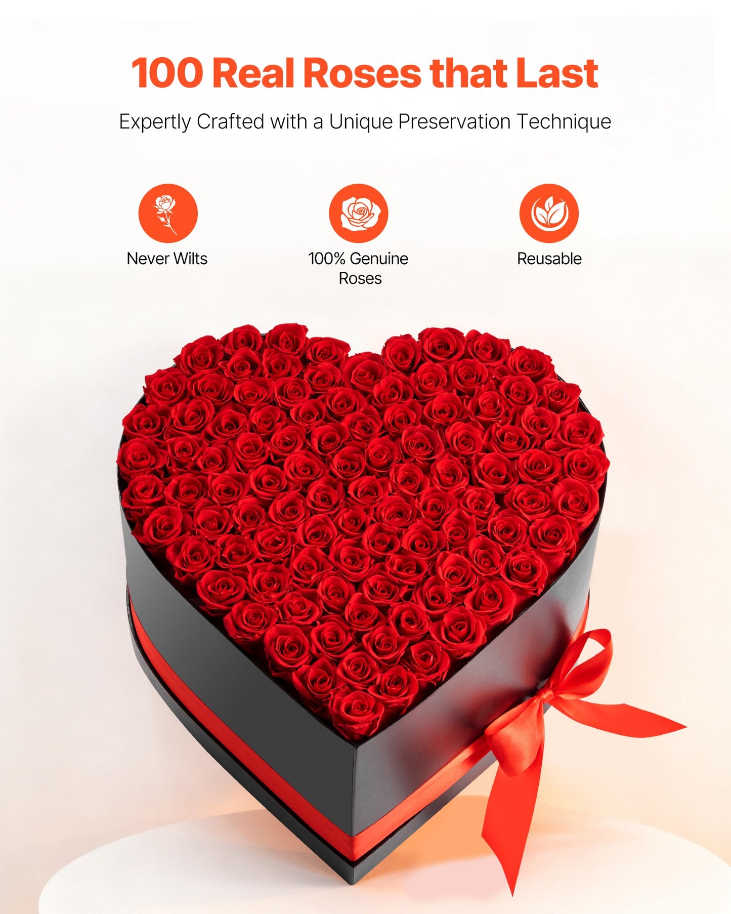 Forever Flowers, 100 Preserved Roses In A Heart Shape Box, Eternal Flowers Immortal Red Bouquet
