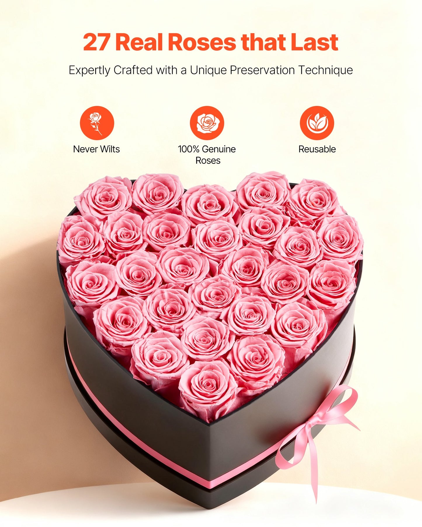 Forever Flowers, 27 Preserved Roses In A Heart Shape Box, Eternal Flowers Immortal Pink Bouquet