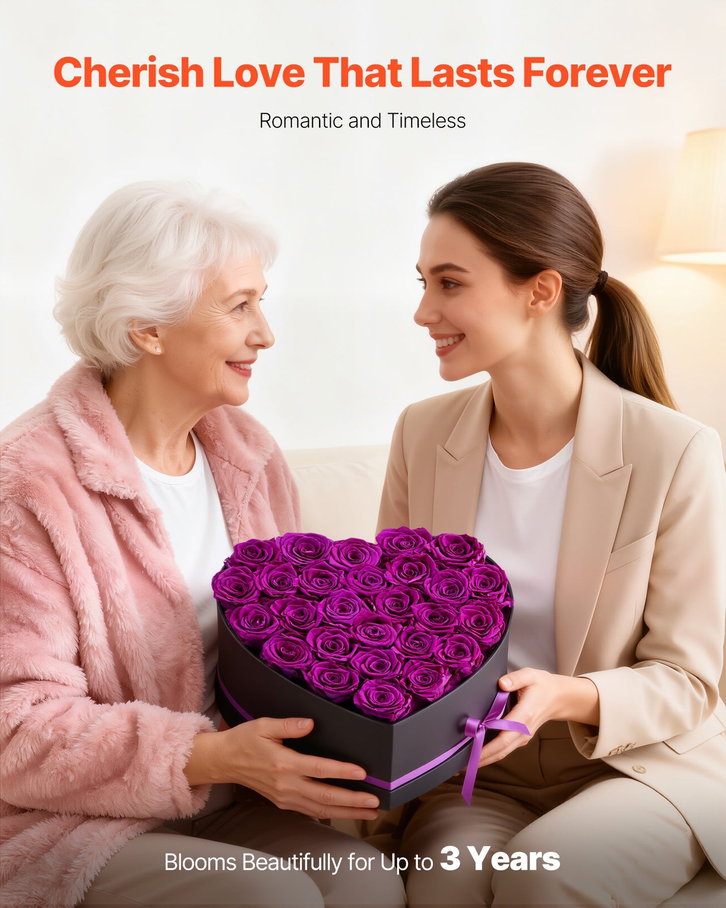 Forever Flowers, 27 Preserved Roses In Heart Shape Box, Eternal Flowers Immortal Purple Bouquet