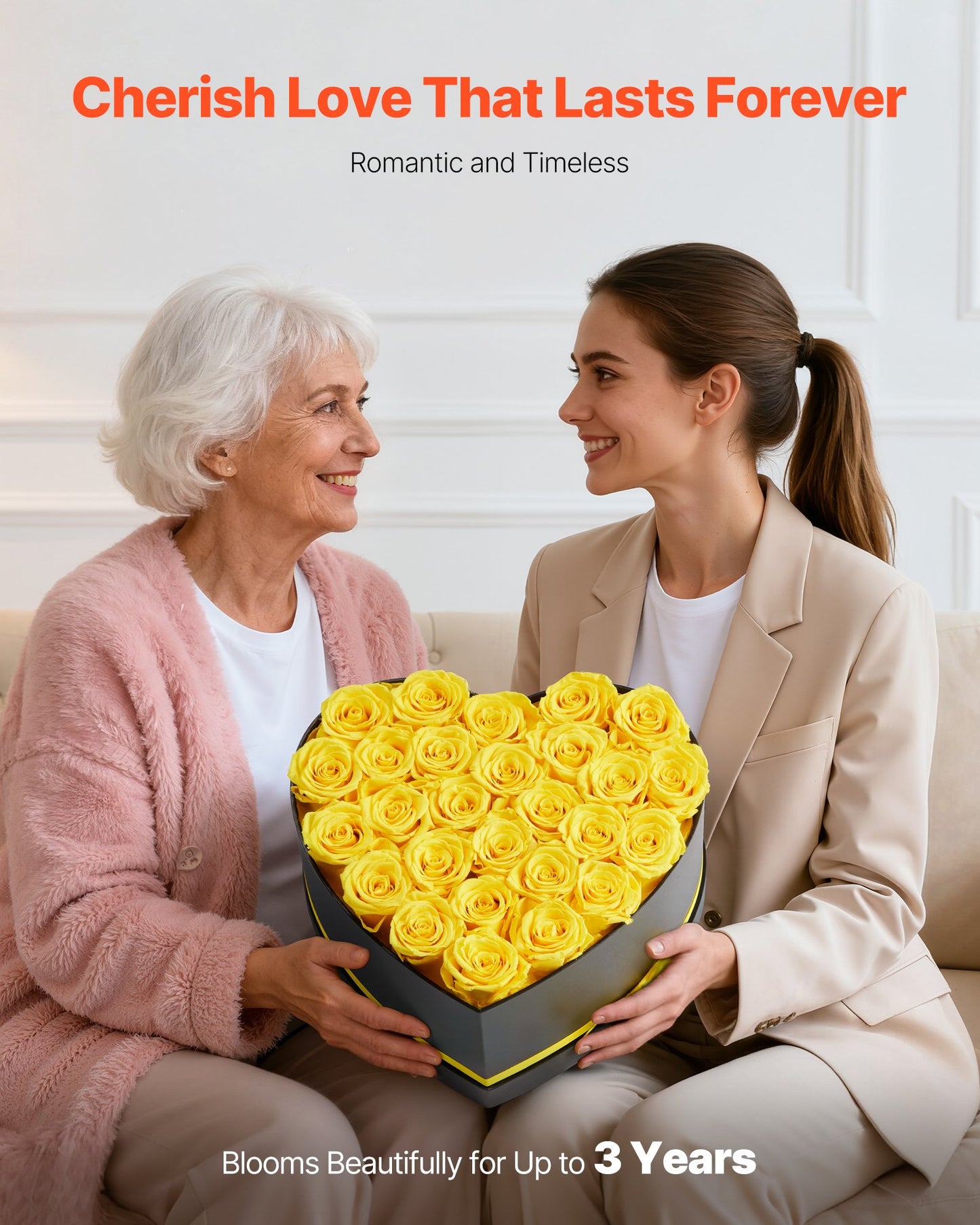 Forever Flowers, 27 Preserved Roses In A Heart Shape Box, Eternal Flowers Immortal Yellow Bouquet
