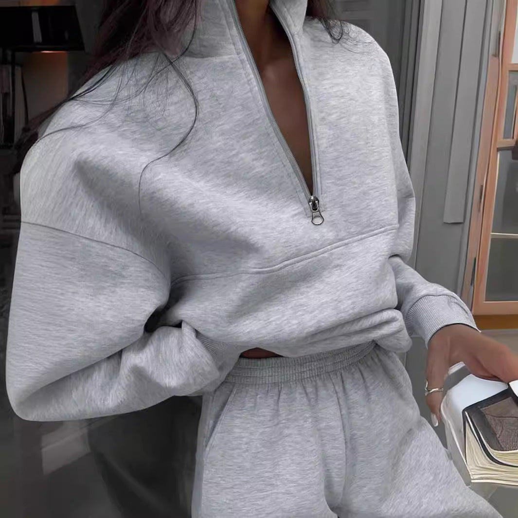 Long-sleeved Sports Sweatshirt with Stand-up Collar Zip-up Top And Elastic Band Trousers