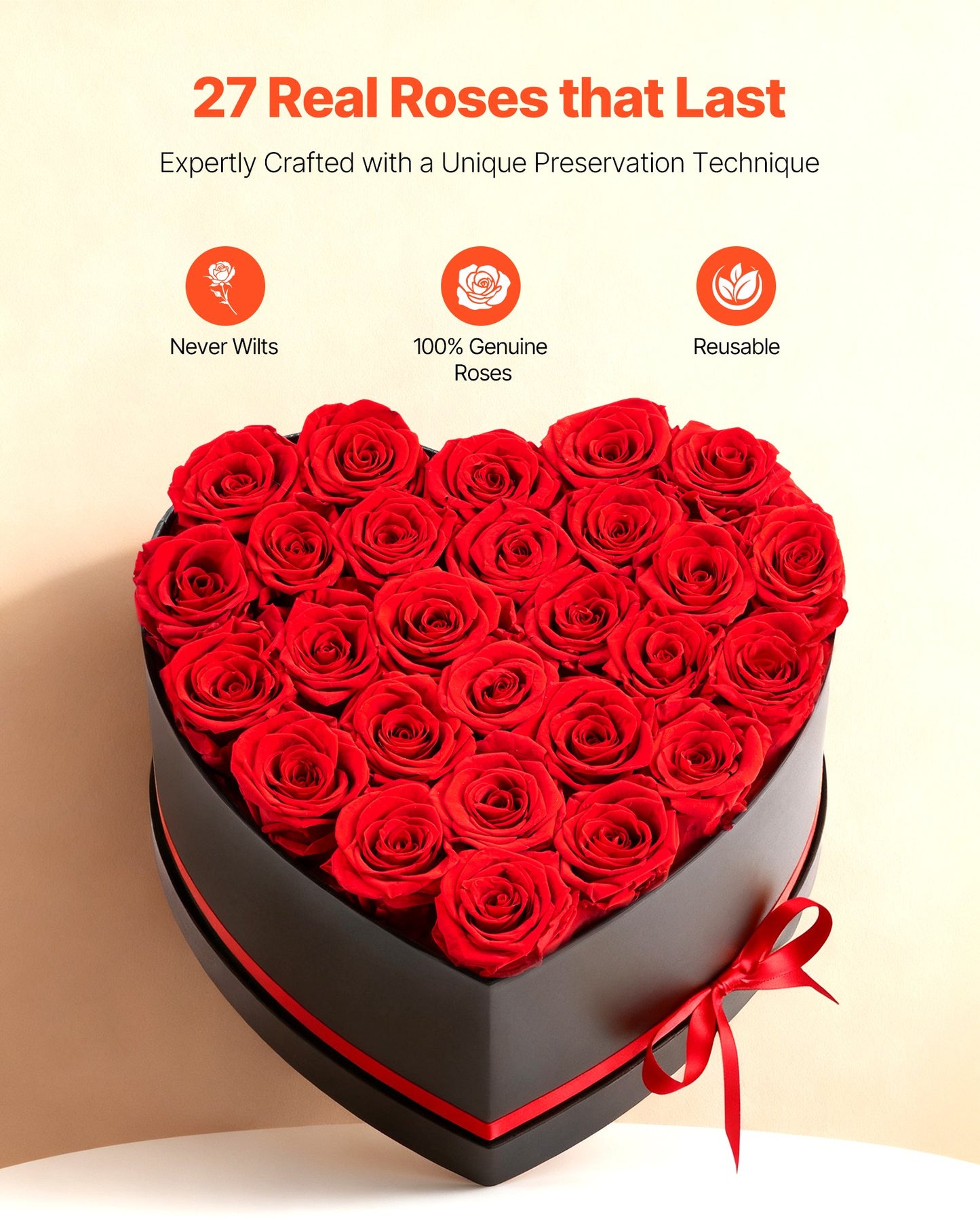 Forever Flowers, 27 Preserved Roses In A Heart Shape Box, Eternal Flowers Immortal Red Bouquet