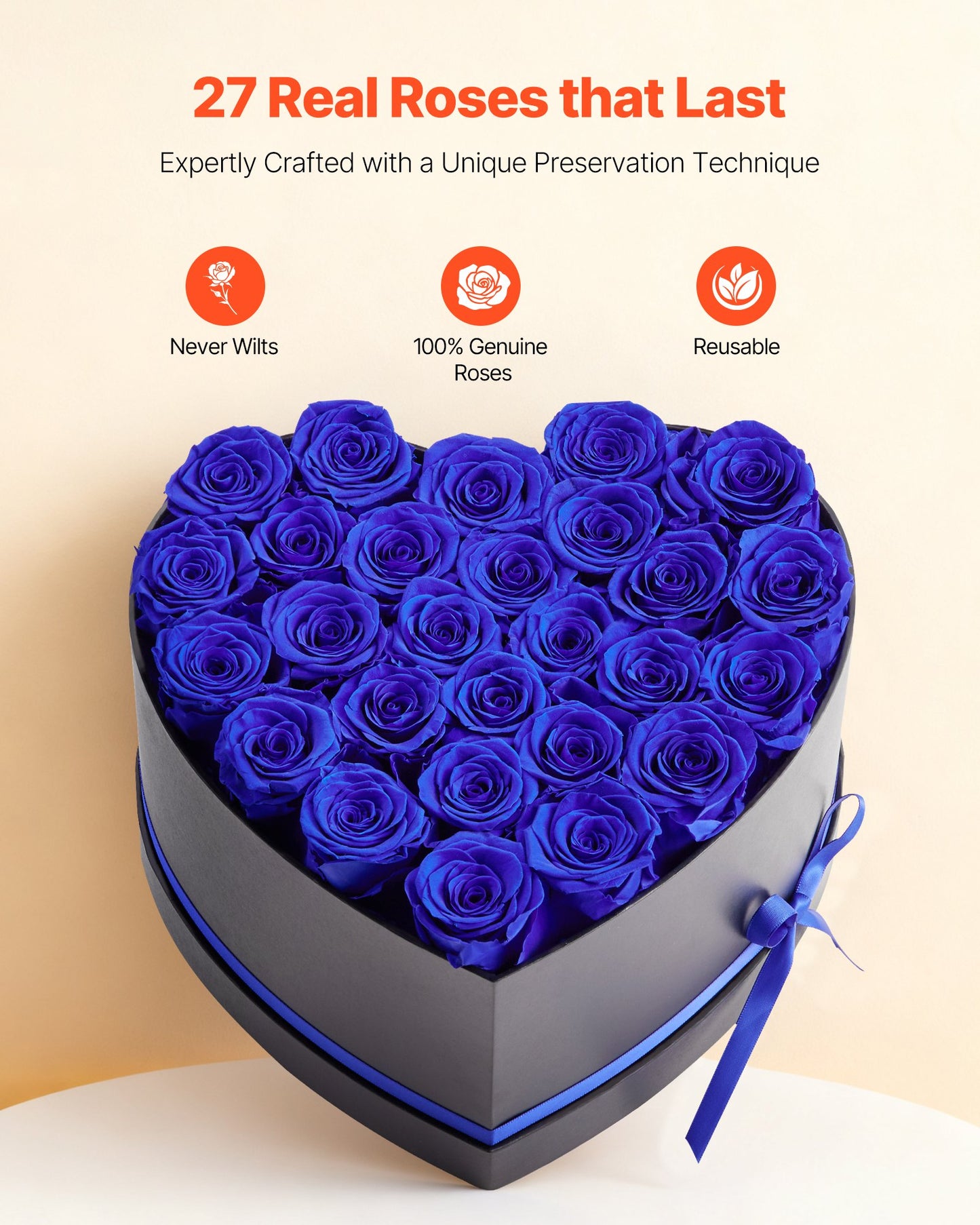 Forever Flowers, 27 Preserved Roses In A Heart Shape Box, Eternal Flowers Immortal Royal Blue Bouquet
