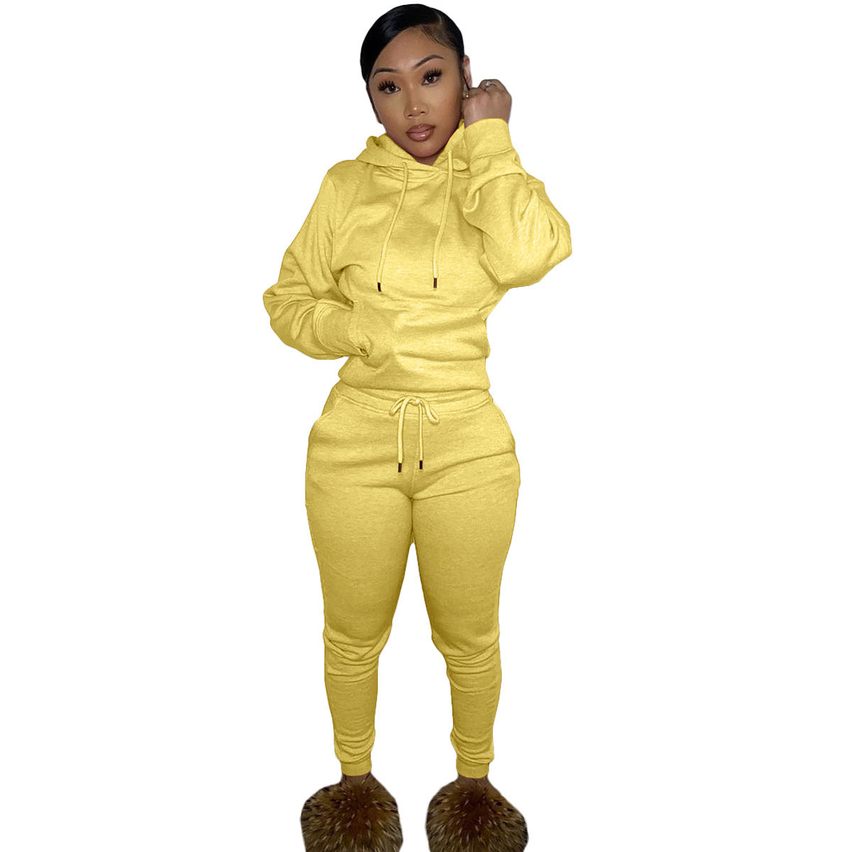 Two-piece Hooded Set With Velvet Drawstring For Autumn And Winter