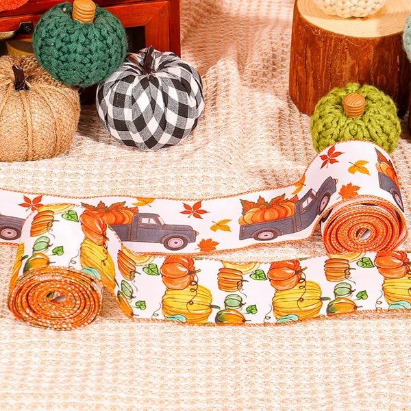 4Rolls 20Yards Thanksgiving Ribbons Autumn Wired Edge Ribbon Fall Themed Decorative Ribbon Pumpkin Maple Leaf Truck Grosgrain Ribbon For Thanksgiving Autumn Fall Party DIY Crafting Supplies