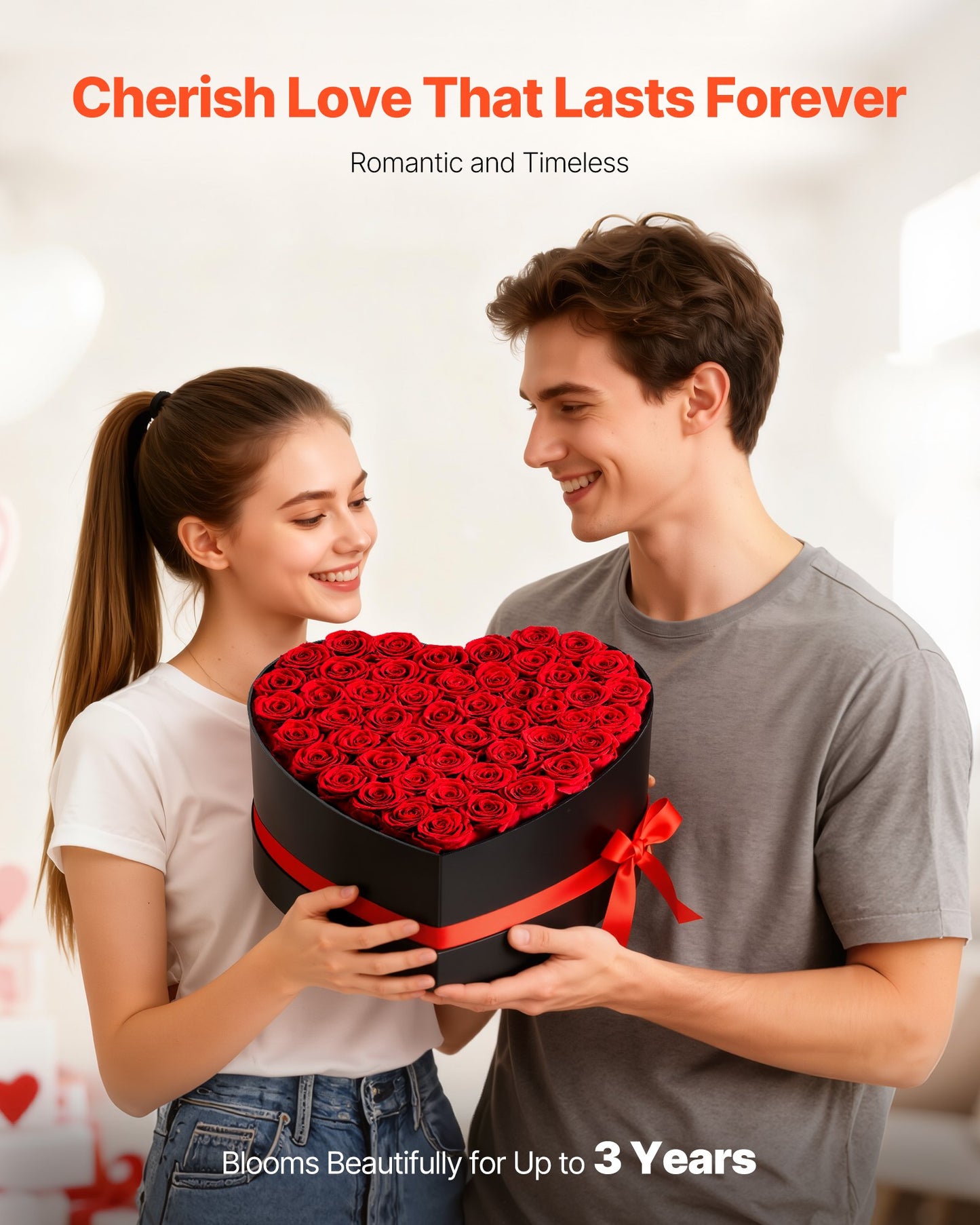 Forever Flowers, 50 Preserved Roses In A Heart Shape Box, Eternal Flowers Immortal Red Bouquet