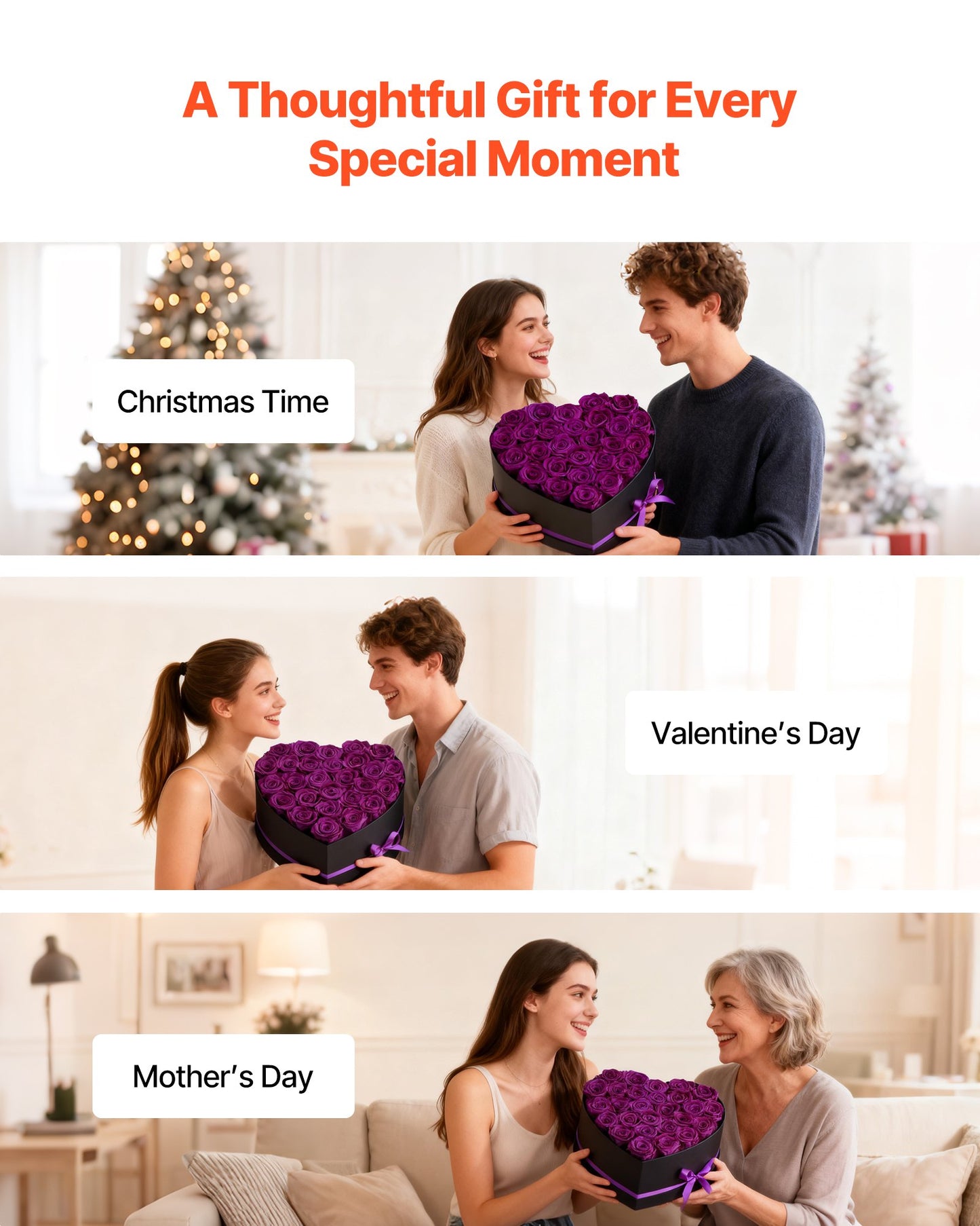 Forever Flowers, 27 Preserved Roses In Heart Shape Box, Eternal Flowers Immortal Purple Bouquet