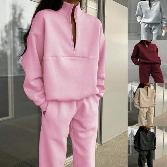 Long-sleeved Sports Sweatshirt with Stand-up Collar Zip-up Top And Elastic Band Trousers