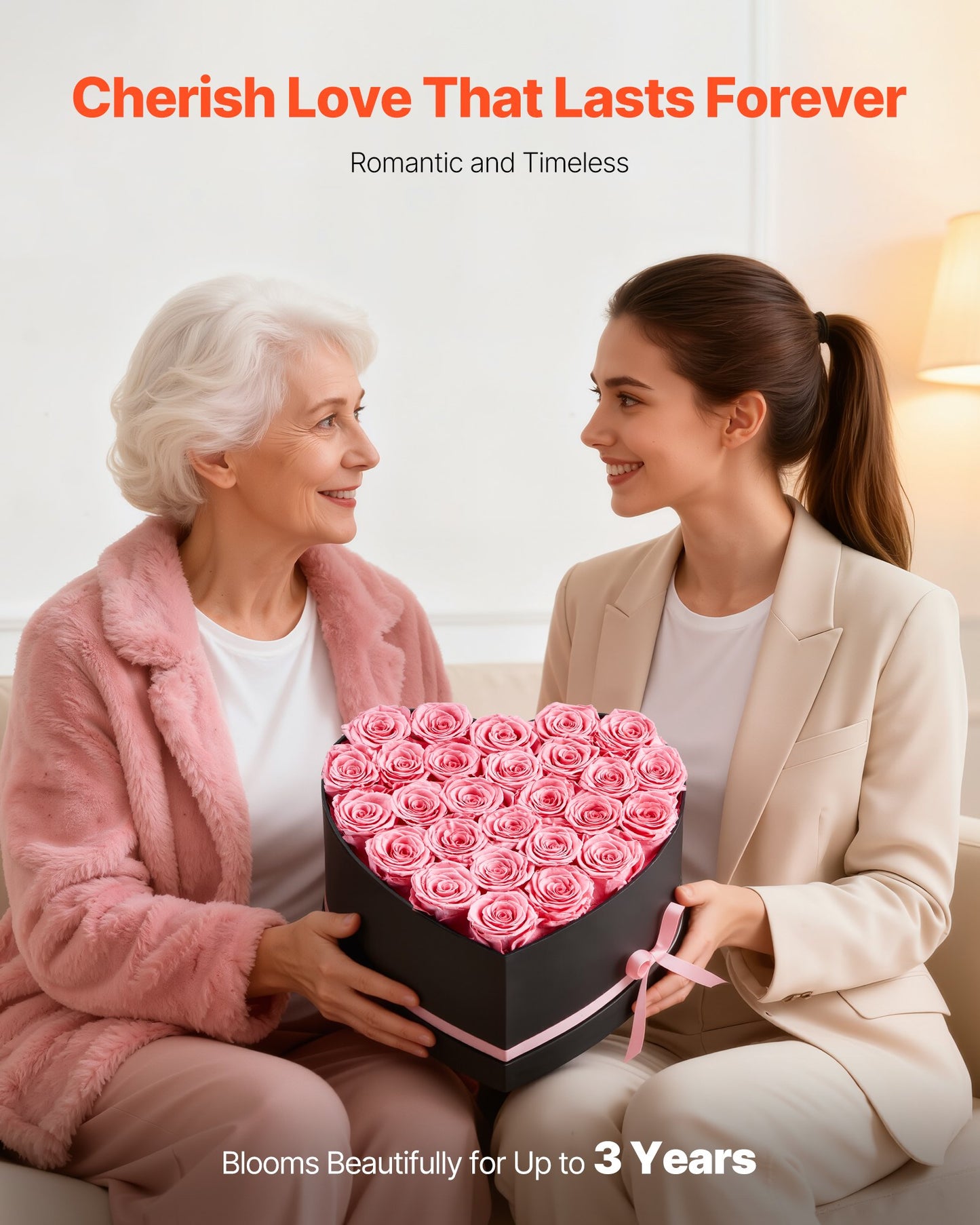 Forever Flowers, 27 Preserved Roses In A Heart Shape Box, Eternal Flowers Immortal Pink Bouquet