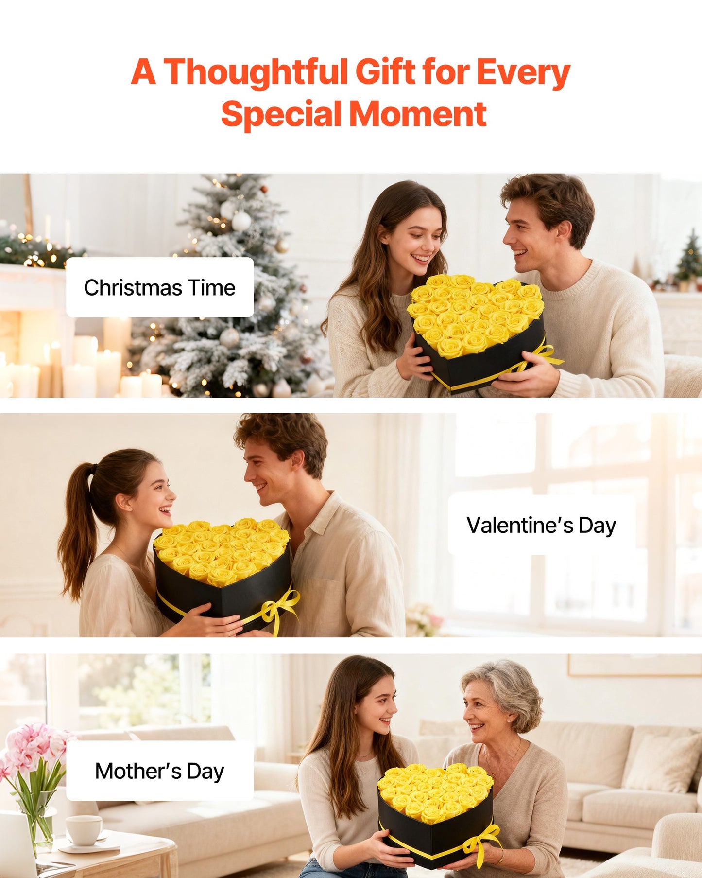 Forever Flowers, 27 Preserved Roses In A Heart Shape Box, Eternal Flowers Immortal Yellow Bouquet