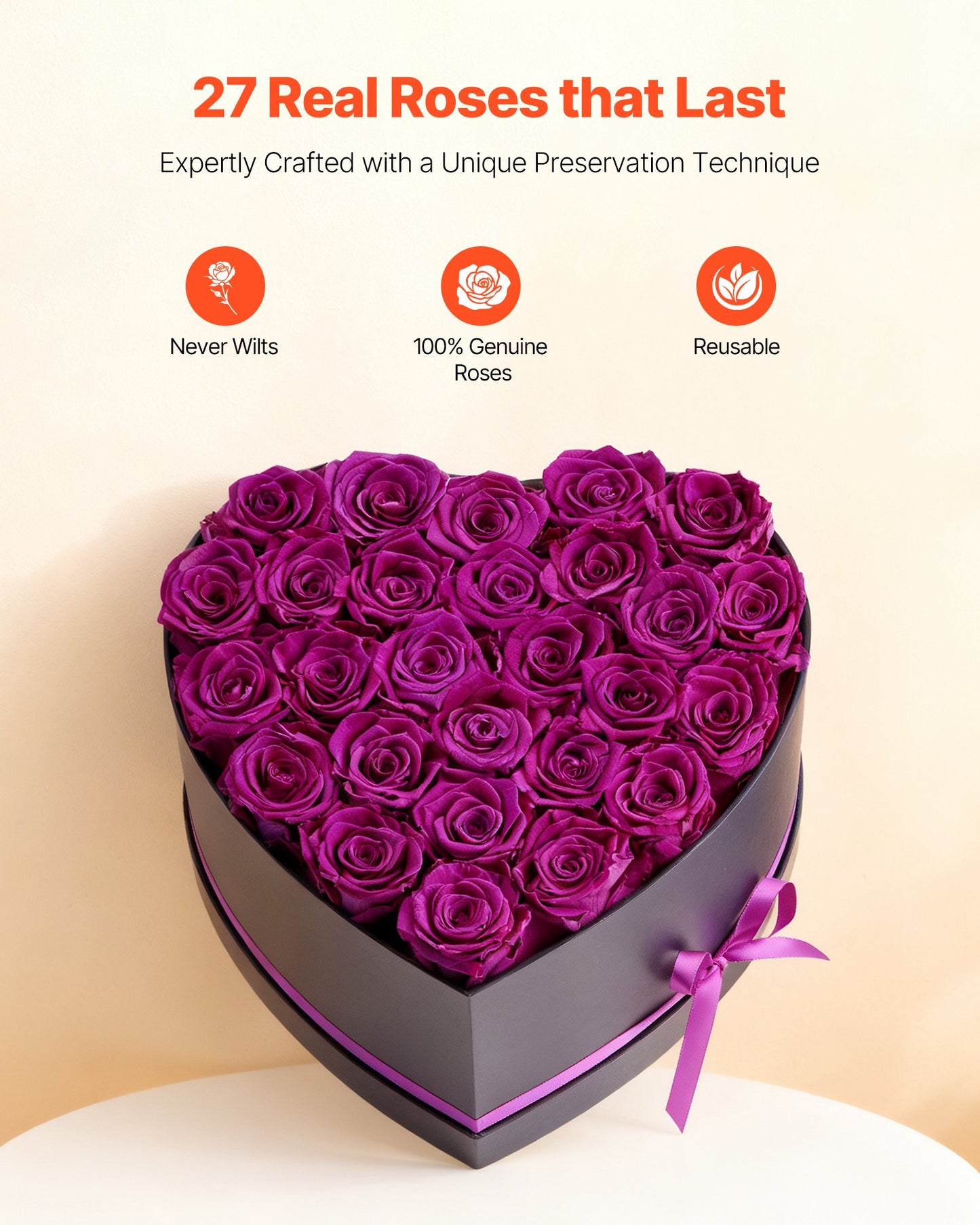 Forever Flowers, 27 Preserved Roses In Heart Shape Box, Eternal Flowers Immortal Purple Bouquet