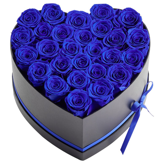 Forever Flowers, 27 Preserved Roses In A Heart Shape Box, Eternal Flowers Immortal Royal Blue Bouquet